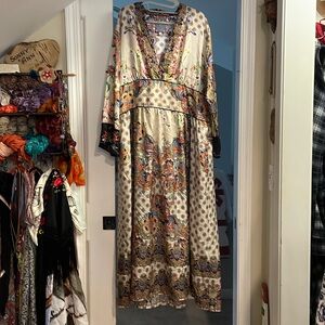 Johnny Was silk dress multicolored floral eastern pattern embroidered sleeves XL